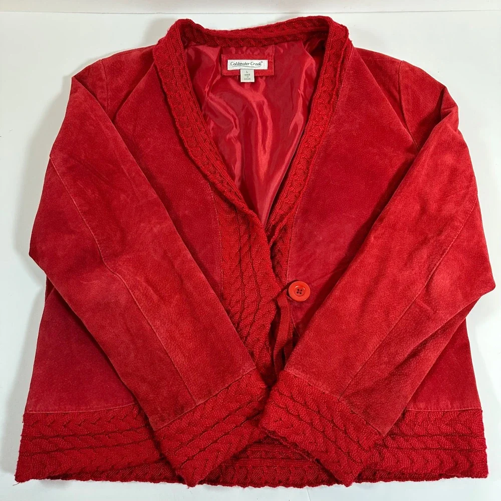 Coldwater Creek Red Suede Leather Jacket Large Knit Trim Button Front Y2K Boho - Picture 10 of 12